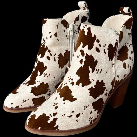 MIA Women's Size 6.5 Ivory Brown Cow Print Ankle Boots Heeled Western Boots - Picture 2 of 14